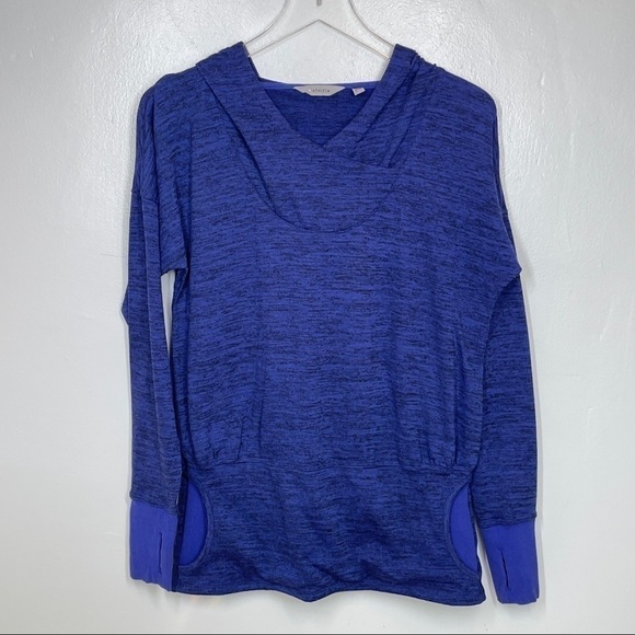 Athleta Heathered Blue Hooded Top Kangaroo Pocket Cross Neck Drop Waist Size S - Picture 2 of 15